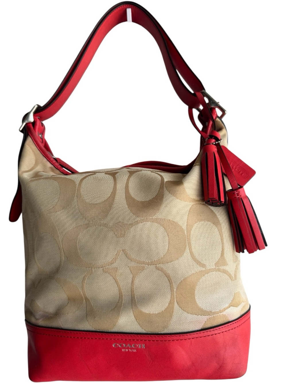 Coach Beige Canvas Hobo with Red Leather Trim and Tassel